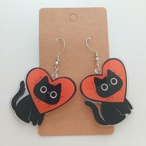 Fashion Jewelry Black Cat Heart Dangle Earrings with Orange Hearts